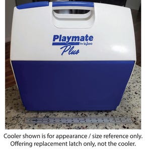 May include: White and blue Playmate Plus cooler by Igloo. The cooler has a blue lid and a white body with the Playmate Plus logo in blue.