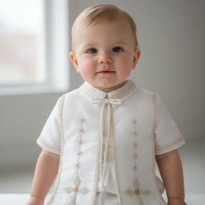 May include: A baby wearing a white outfit with a decorative cross design. The outfit includes a short-sleeved shirt, a vest with cross embellishments, and matching pants. The outfit is trimmed with a gold-colored border.