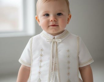 Boys' Christening Outfit, Cross Embroidery, 4-Piece Set includ Candel set and blanket