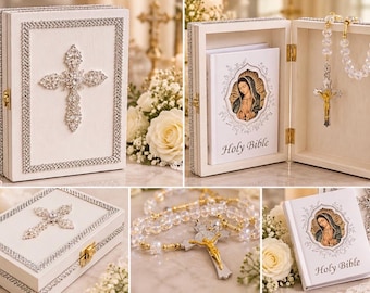 Catholic Holy Bible & Crystal Rosary Gift Set – Wedding, First Communion ,  Religious Keepsake