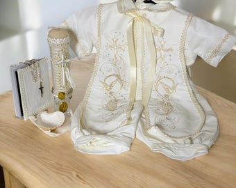 Boy's Christening Outfit: 8-Piece Baptism Set and with Candle set