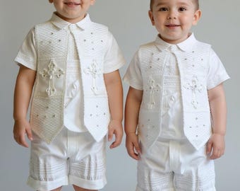 Boy Christening Romper Gown with Bonnet and Sash embroidery Baptism Outfit includ machineg blanket
