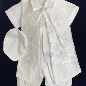 Boys white or ivory  Cross STOLE HAT EMBROIDERED