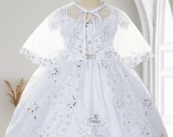 Baby Girls’ White cross Embroidery Cape Baptism Dress and machine headpiece