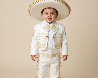 Toddler Mexican Charro Costume: Ivory, Gold Horse Head Embroidery, 5-Piece Set