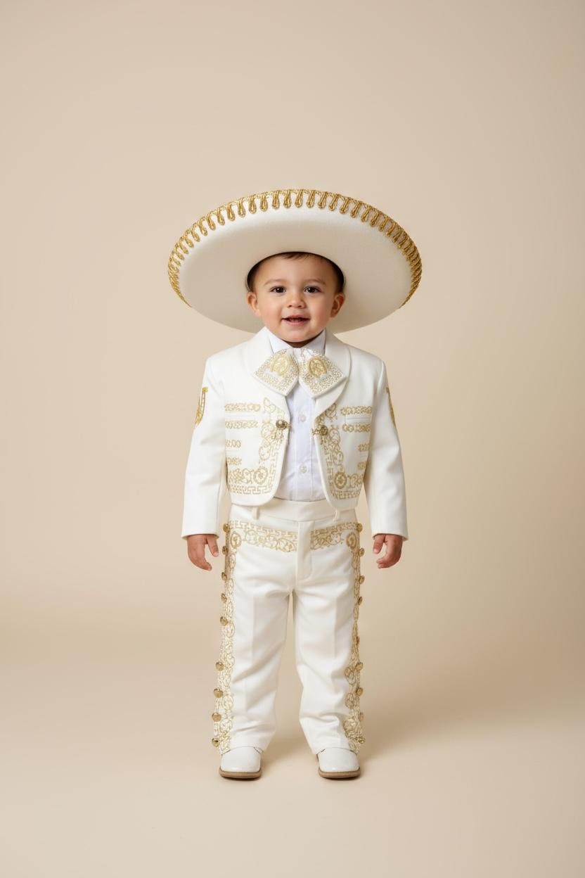 Toddler Charro Costume: Ivory, Gold Embroidery, Sombrero (6 Piece Set)
