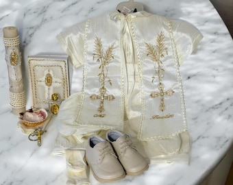 Boy Baptism Outfit: Christening Set with Candle & Blanket