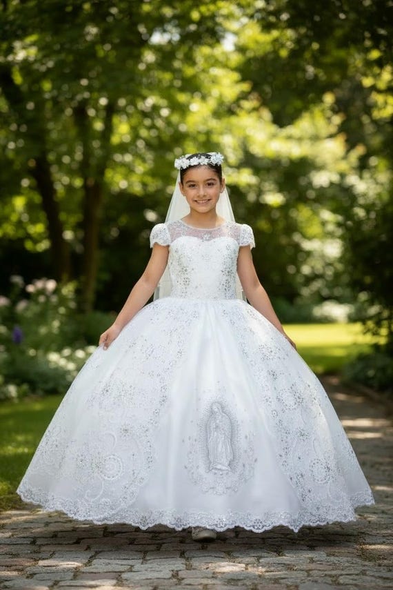 First Communion Dress With Embroidered Virgin Mary Embroidery Tulle Short  Sleeve - Etsy Israel