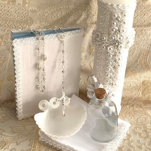 White and pearl  Cross Baptism, Christening Candle Set