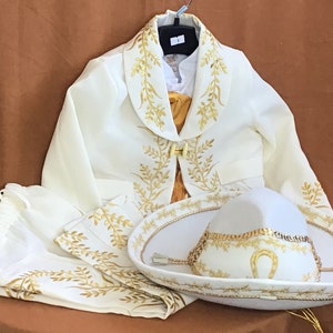Traje de bautismo para niños color marfil y dorado, conjunto de traje de charro y mariachi de Nuestra Señora de Guadalupe, sombrero bordado para niños pequeños