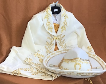 Ivory and Gold  Boys Baptism Outfit Our Lady of Guadalupe Virgin Mary Charro Mariachi Suit Set Hat  Toddler Kids embroydery hat