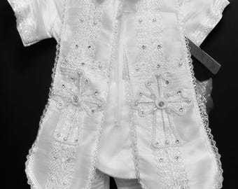 Handmade baby or toddler boys baptism outfit. Christening romper with caplet and hat.   available colors White or ivory