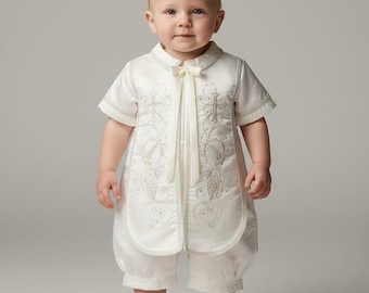 Conjunto de bautizo y bautismo para niño - Traje de jersey BLANCO o MARFIL con estola bordada con cruz