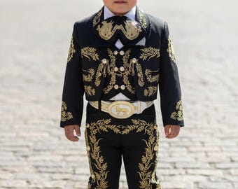 Black  & Gold Embroidered Charro Suit for Boys | Mexican Mariachi Outfit