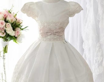 Embroidered Tulle First Communion Dress, Bow Sash