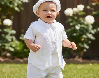 4 Piece Christening set, Boys Baptism Outfit, Traje de Bautizo