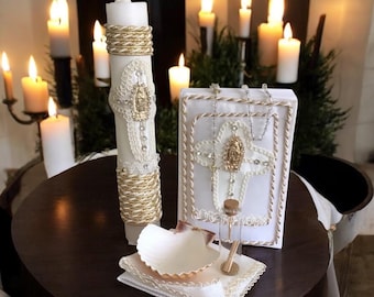Baptism White Candle Set with Lady of Guadalupe Medal and Pearls Details