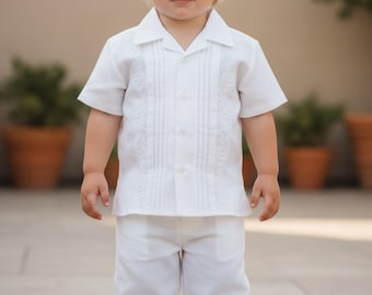 Baby kids and  Teen 2- piece Guayabera  Pants Set, White