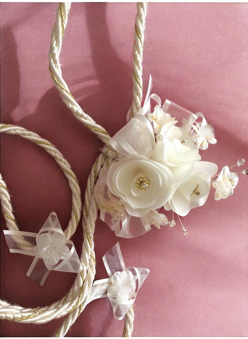 Ivory Gold Wedding Lasso Rope With Silk Flowers, Glitter Rhinestone ...