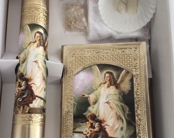 Guardian Angel Baptism Set Gold Candle, Bible, Shell & Rosary