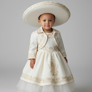 Virgin Mary Guadalupe Religious Embroidery Mexican Charro Girl Dress with hat