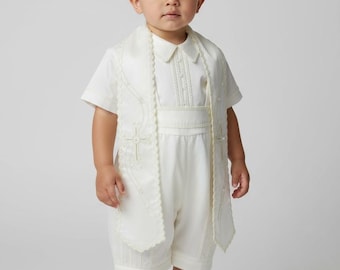 SAEl Baby Boy baptism outfit / christening outfit Whit shawl embroidered
