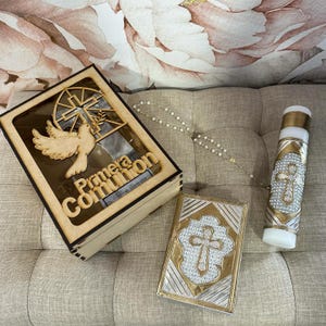 Hermoso juego de velas de madera para primera comunión, JHS, 4 piezas, caja de recuerdo, bautismo, Pascua.