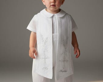Embroidered personalized name and date of the baptism Silk Shantung Christening Outfit 4-Piece Baptism Set