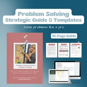 Puede incluir: Un fondo verde azulado con una portada de libro rosa que presenta a una mujer señalando notas adhesivas. El libro se titula "Problem-Solving Activity Problem Framing" e incluye el texto "How to Frame Problems for Optimal Results". La imagen también muestra una guía de 15 páginas y pizarras digitales.