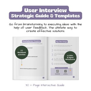 Peut inclure: Un guide avec une couverture violette et le titre "User Interview Strategic Guide & Templates". Le guide est ouvert à une page avec le titre "Final Reflection Template" et une page avec le titre "Key Take Aways". Le guide est conçu pour aider les utilisateurs à exécuter des idées avec l'aide de commentaires des utilisateurs.