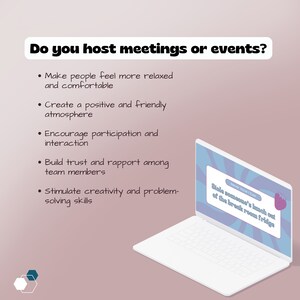Never Have I Ever game benefits listed for meetings or events, with the prompt 'Stole someone's lunch' displayed on a laptop.