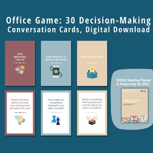 May include: A set of 30 conversation cards for team building and decision-making activities. The cards are divided into three categories: breaking the ice, product and service reviews, and team review. The cards feature colorful illustrations and text prompts. A bonus meeting planner and productivity kit is also included.
