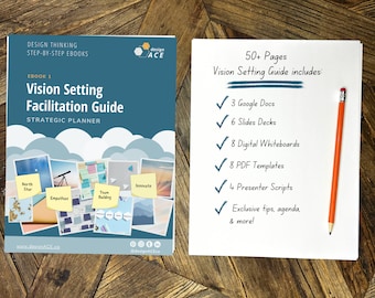 Taller de definición de visión y guía de facilitación con plantilla premium en PDF, guiones, diapositivas de PowerPoint, pizarras digitales y EPUB.