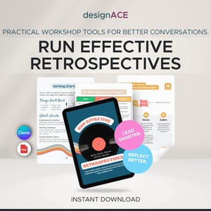 May include: A digital product advertisement with the text "RUN EFFECTIVE RETROSPECTIVES." The image features a tablet displaying a retro-themed graphic, alongside supporting documents and colorful circular icons. The product is described as "PRACTICAL WORKSHOP TOOLS FOR BETTER CONVERSATIONS."