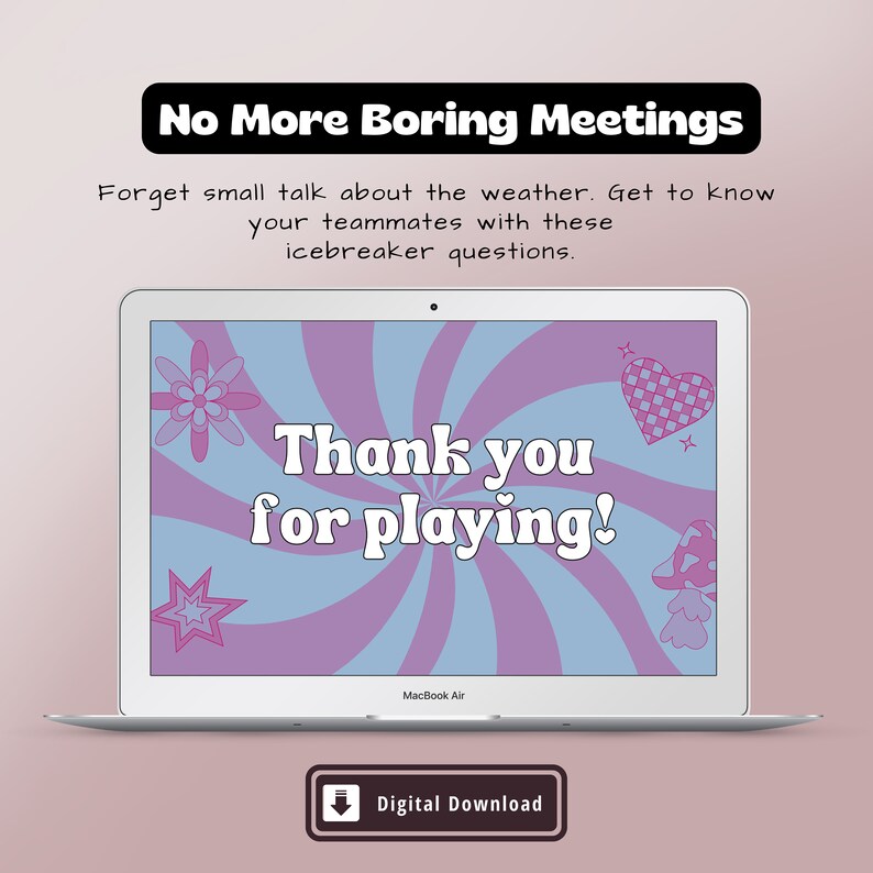 End slide of the Never Have I Ever game, displaying 'Thank you for playing!' on a laptop, available as a digital download.
