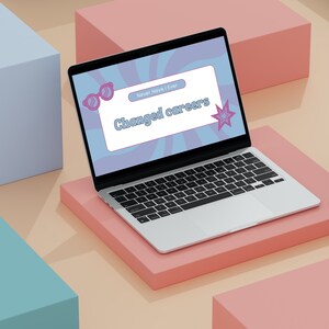 Never Have I Ever game displayed on a laptop, featuring the prompt 'Changed careers' with a fun design.