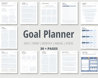 Goal Planner Bundle, Vision Board, Goal Setting & Tracking Kit, Daily, Sprint, Monthly Yearly, Habits, Reflections, Interactive, Printable