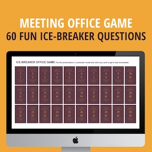 May include: A computer screen displays a game titled "MEETING OFFICE GAME" with "60 FUN ICE-BREAKER QUESTIONS." The game features a grid of cards with numbers and sunburst designs. The background is a warm orange.