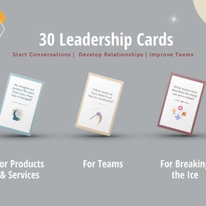 Cartões de liderança, 30 perguntas quebra-gelo para impulsionar a criatividade, jogo de escritório, equipe, produto, cartões de reunião de serviço | Download digital, 2024