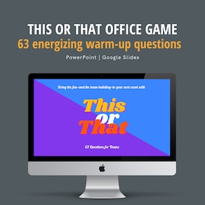 May include: A silver iMac computer displays a colorful presentation titled "This or That Office Game." The screen features text: "63 energizing warm-up questions" and "63 Questions for Teams."