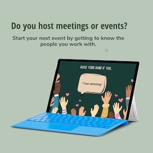 Promotional image for a meeting or event game, featuring a laptop with a Raise Your Hand If You activity and a prompt saying I love swimming.