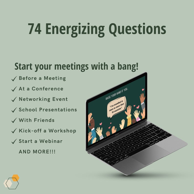 Promotional image for 74 Energizing Questions, featuring uses for meetings, conferences, workshops, and more.