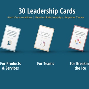May include: Three cards with different colored borders and illustrations. The top of each card has a question written in black text. The text on the top card is "Re-imagine our product 50 years from now. How has it changed?" The text on the middle card is "What could we have done if we had no constraints?" The text on the right card is "What season best describes the mood you are in today?" Below the cards are three labels: "For Products & Services", "For Teams", and "For Breaking the Ice".