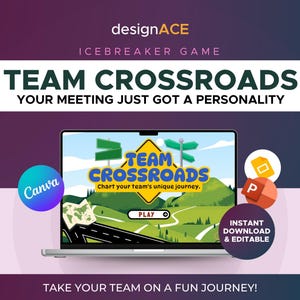 Könnte beinhalten: Ein Laptop zeigt das Spiel "Team Crossroads" mit einem Straßen- und Wegweiser-Design. Das Bild enthält das Canva-Logo, Google Docs- und PowerPoint-Symbole. Der Text lautet "Sofortiger Download & Bearbeitung".
