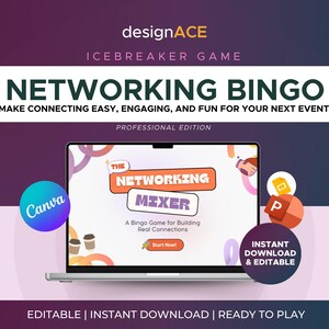 May include: A laptop displays a digital networking bingo game titled "The Networking Mixer." The design features a purple and blue gradient background with the text "Networking Bingo" and "Instant Download & Editable."