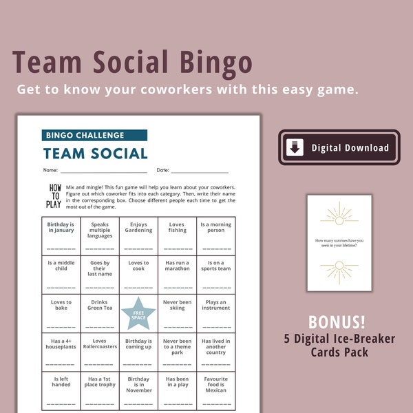 Team Social Bingo, Work Party Game | Icebreaker | Fun Printable Game | Group Activity | Team Building Game | Staff Appreciation