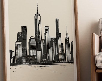 NYC Skyline Art Print: Modern Black & White Urban Landscape (Digital Download)