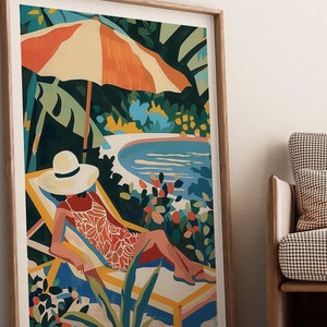 Chic Poolside Sunbathing Vintage Art Print - Vibrant Summer Vibes, Matisse Inspired, Illustration, Digital Print for Modern Home Decor