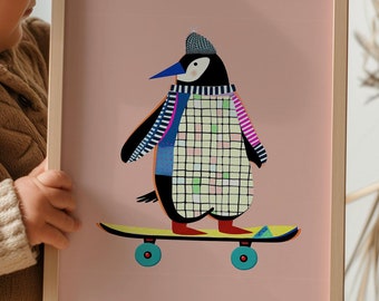 Pinguin Skater Kunstdruck: Wunderliche Kinderzimmer Deko (Digitaler Download)