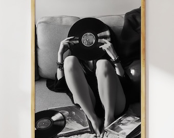 Vintage Vinyl Art Print - Black and White Photography, Retro Music Lover Decor, Modern Wall Art, Aesthetic Digital Download, Record Print